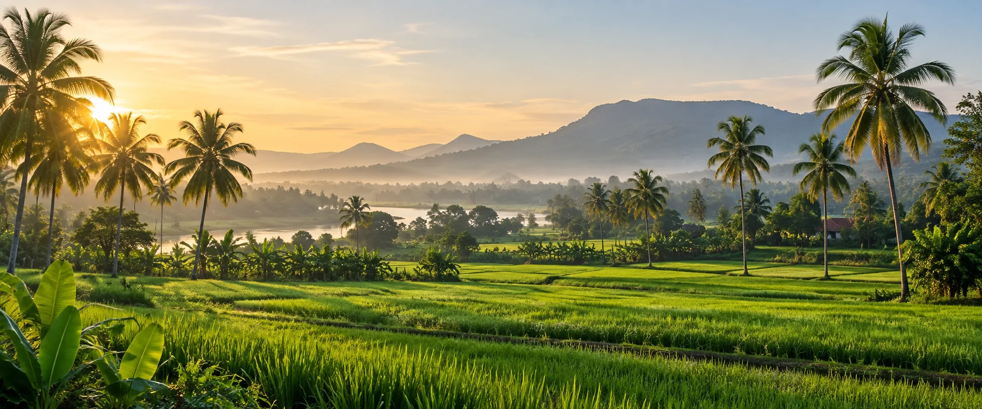 Illustration of palm-lined fields at sunrise