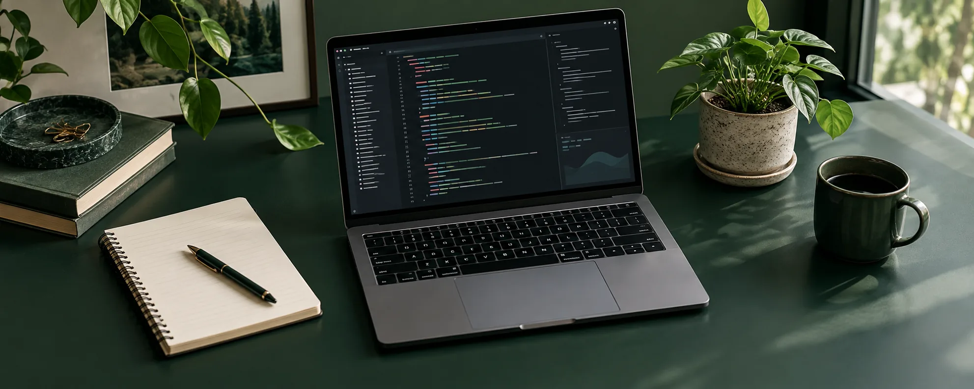 Illustration of a laptop and notebook in a workspace