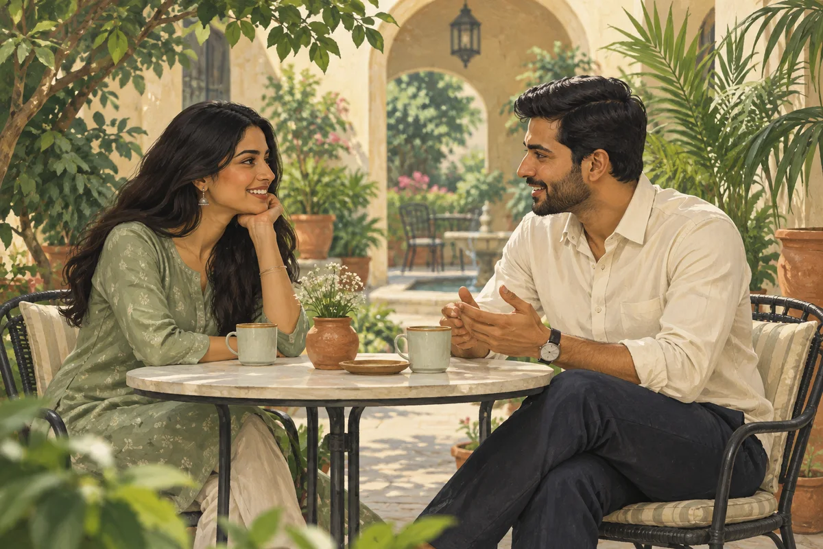 Illustrated couple sharing a relaxed conversation in a leafy courtyard café