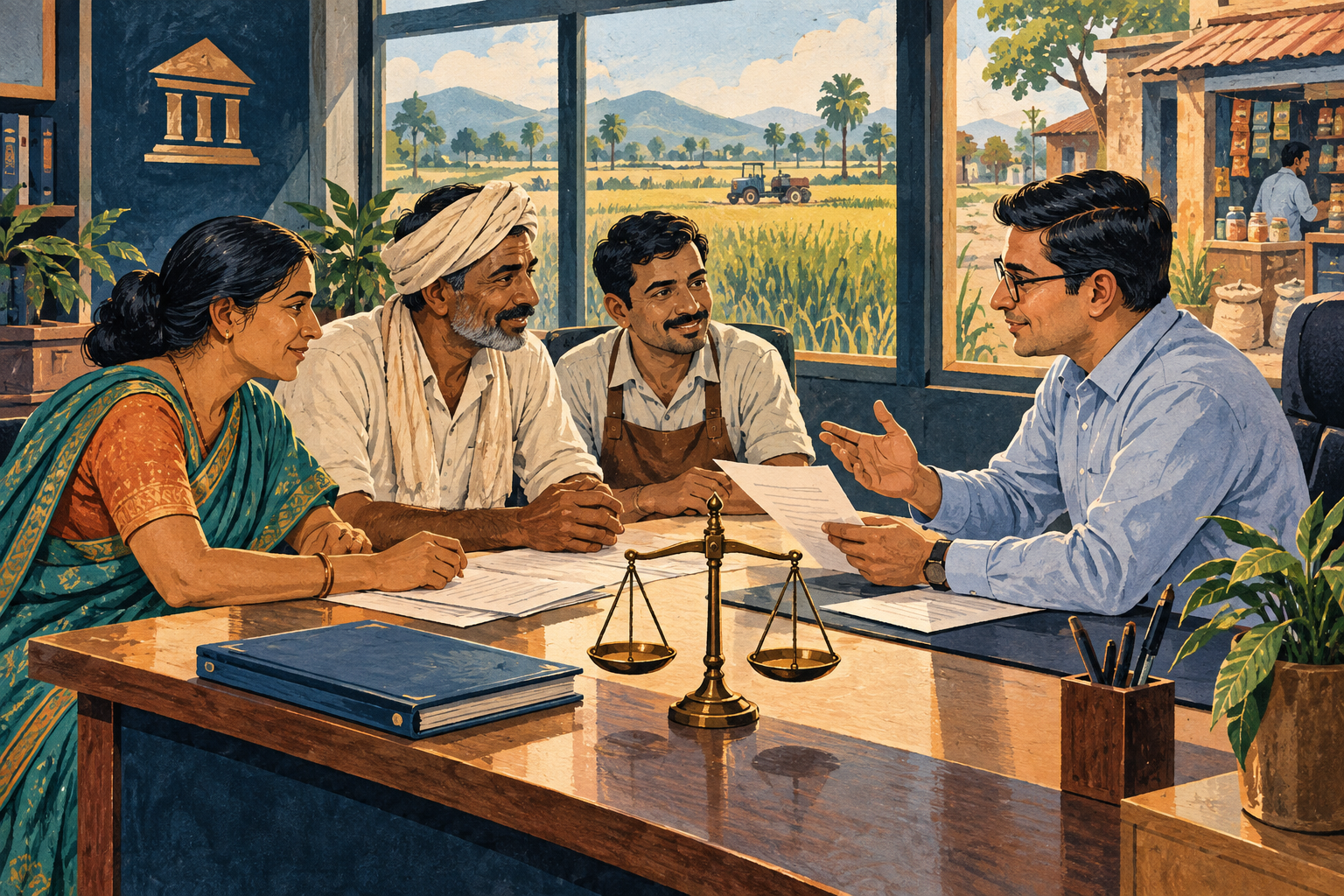Illustration of farmers and a shopkeeper discussing repayment papers with a bank officer.