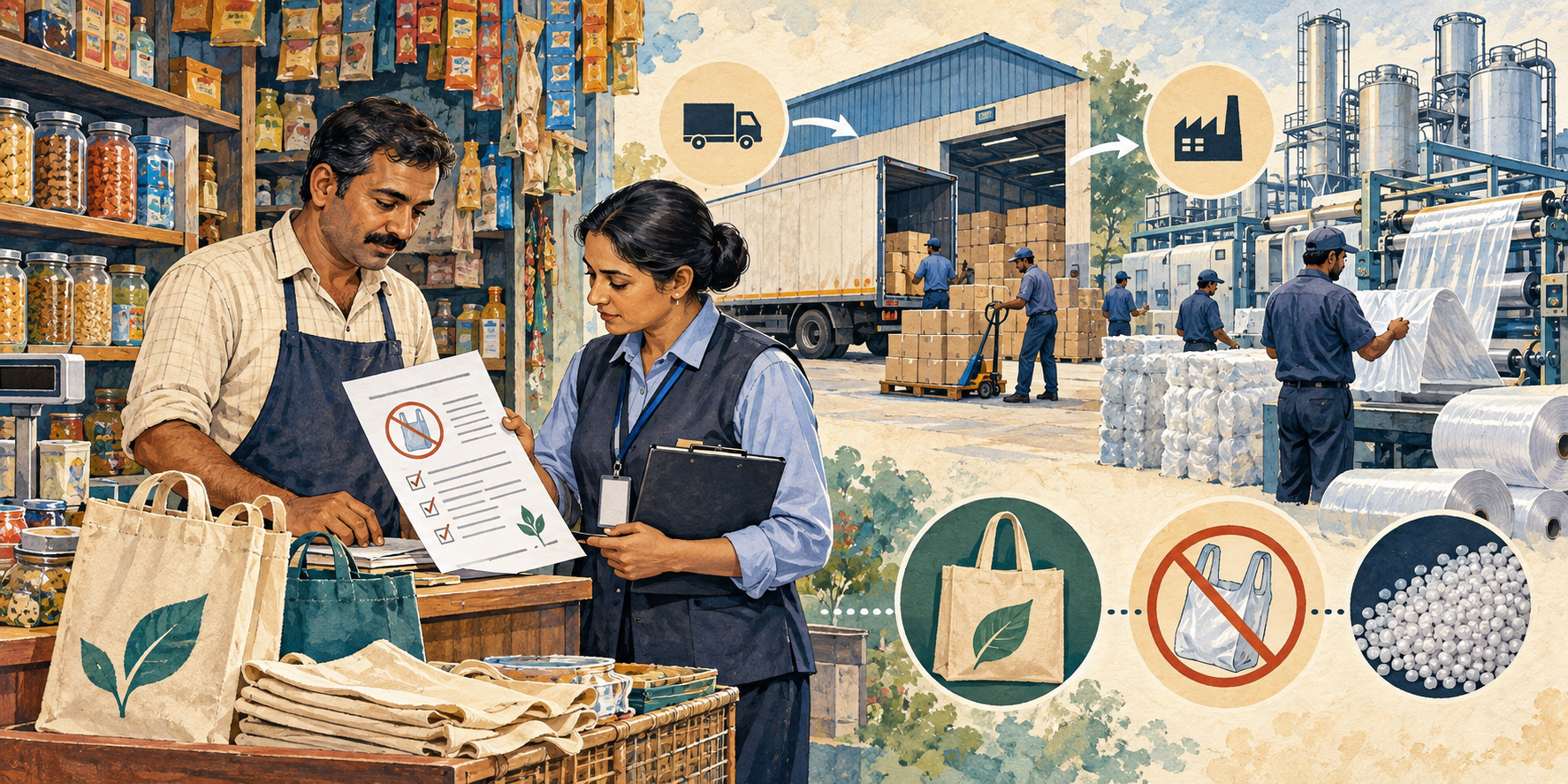 Conceptual illustration of a shopkeeper and municipal inspector reviewing a notice, with suppliers and manufacturing in the background.