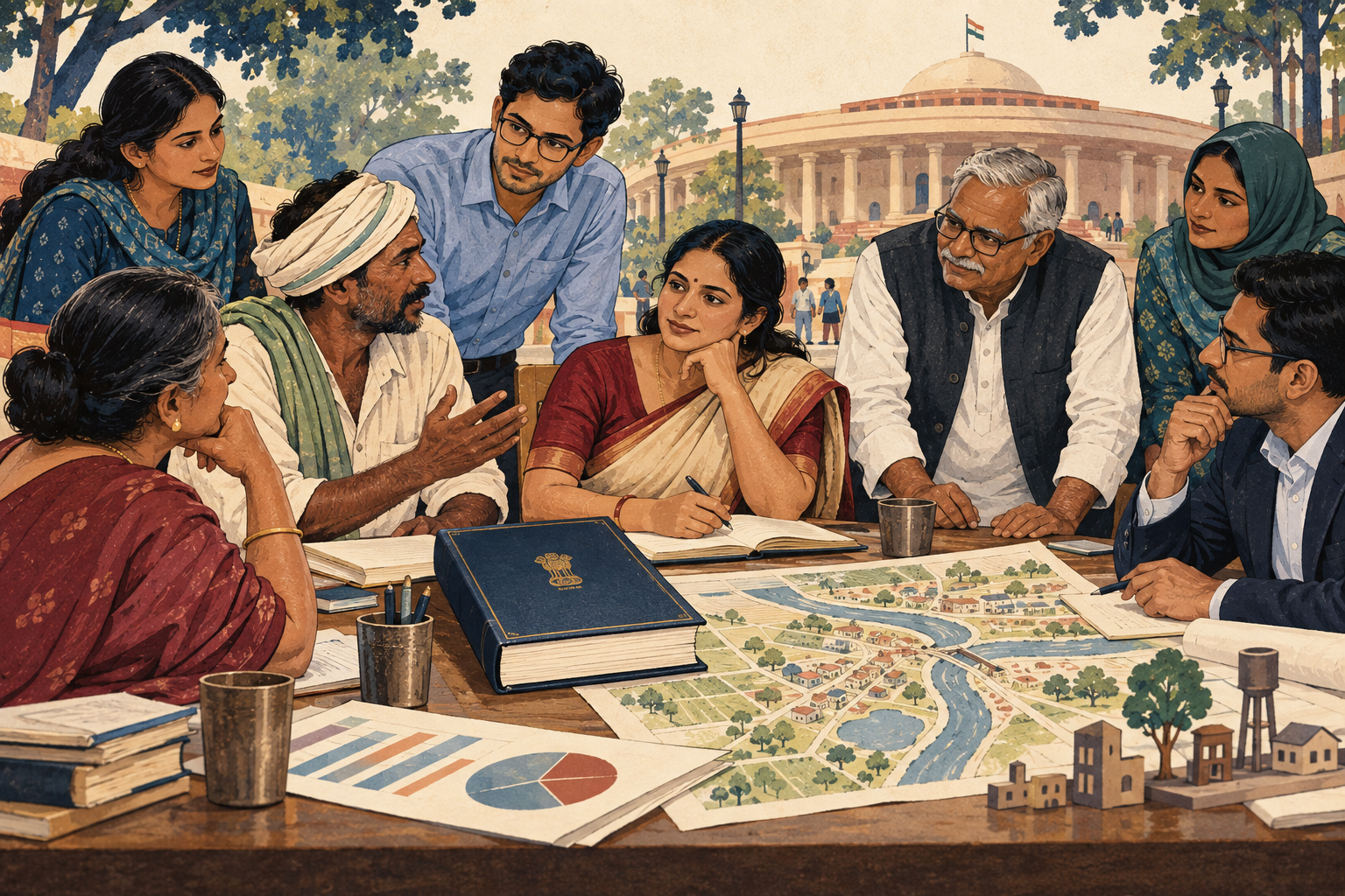 Fictional community representatives, including a farmer and a professional, discuss a civic book, budget charts and a local map as equals.