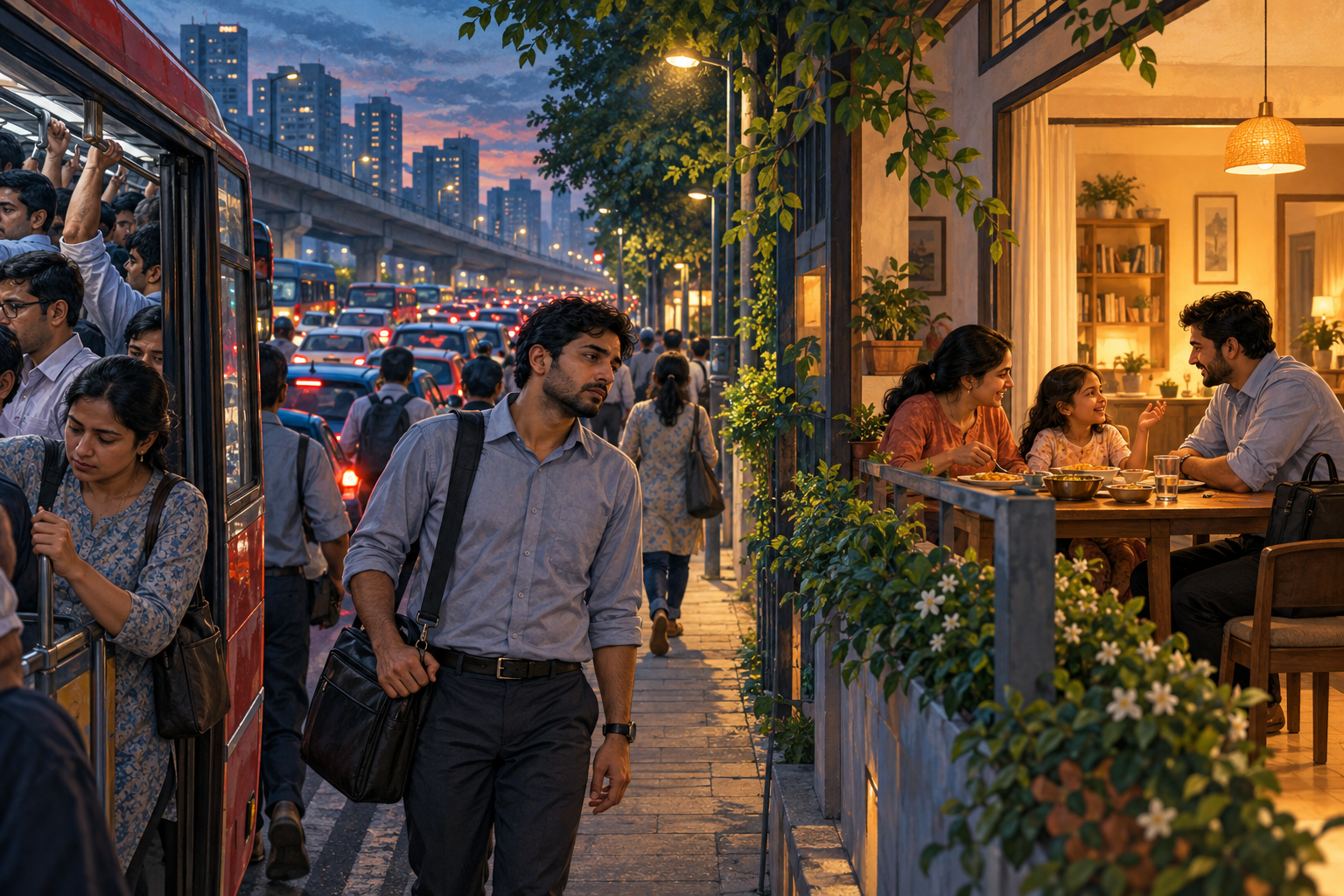 Illustration contrasting a tired office commuter beside city traffic with a family sharing dinner at home.