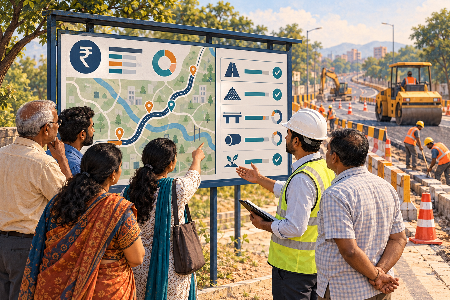 Residents and an engineer inspect a conceptual public road-project information board beside a repair site.