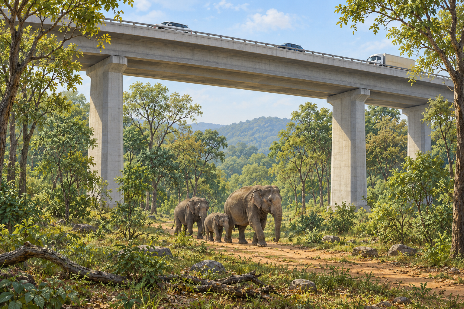 Conceptual elevated road with elephants moving through broad natural habitat beneath it.