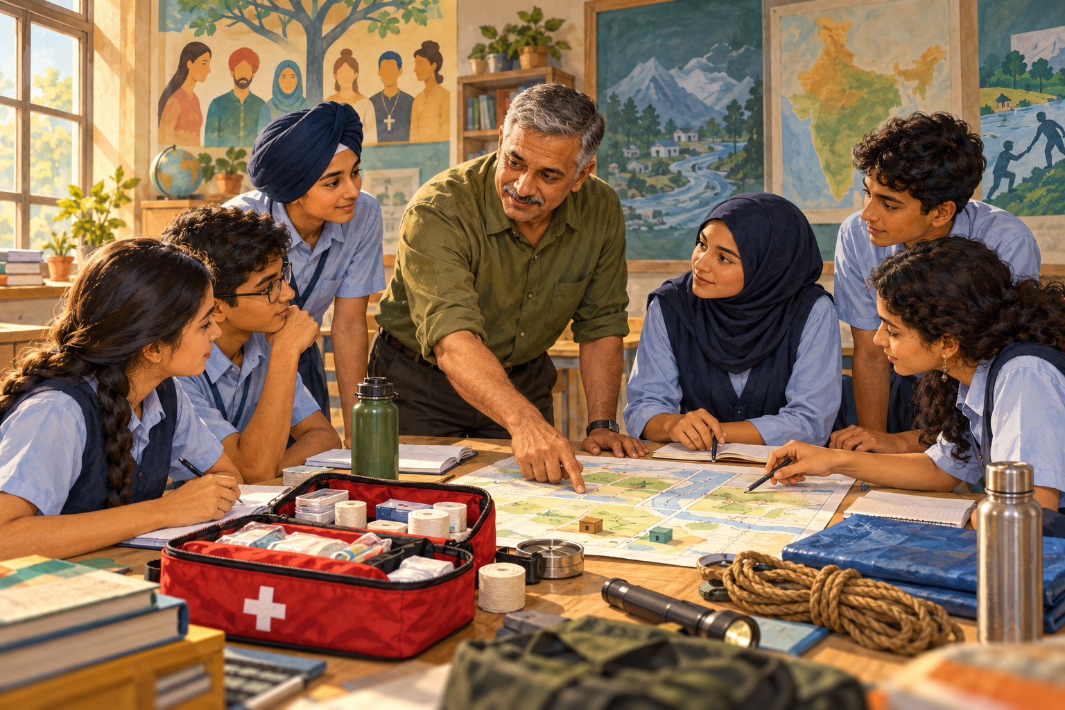 Fictional veteran teacher guides students through a cooperative preparedness lesson in an Indian classroom.
