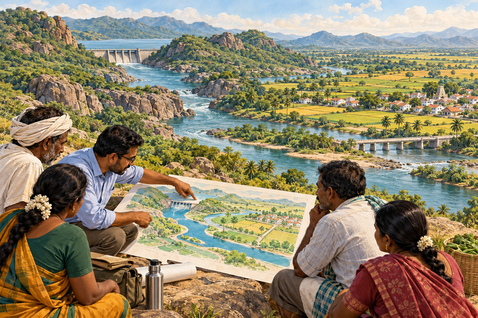 Conceptual Cauvery landscape with farming families and an engineer discussing shared water storage and downstream needs.