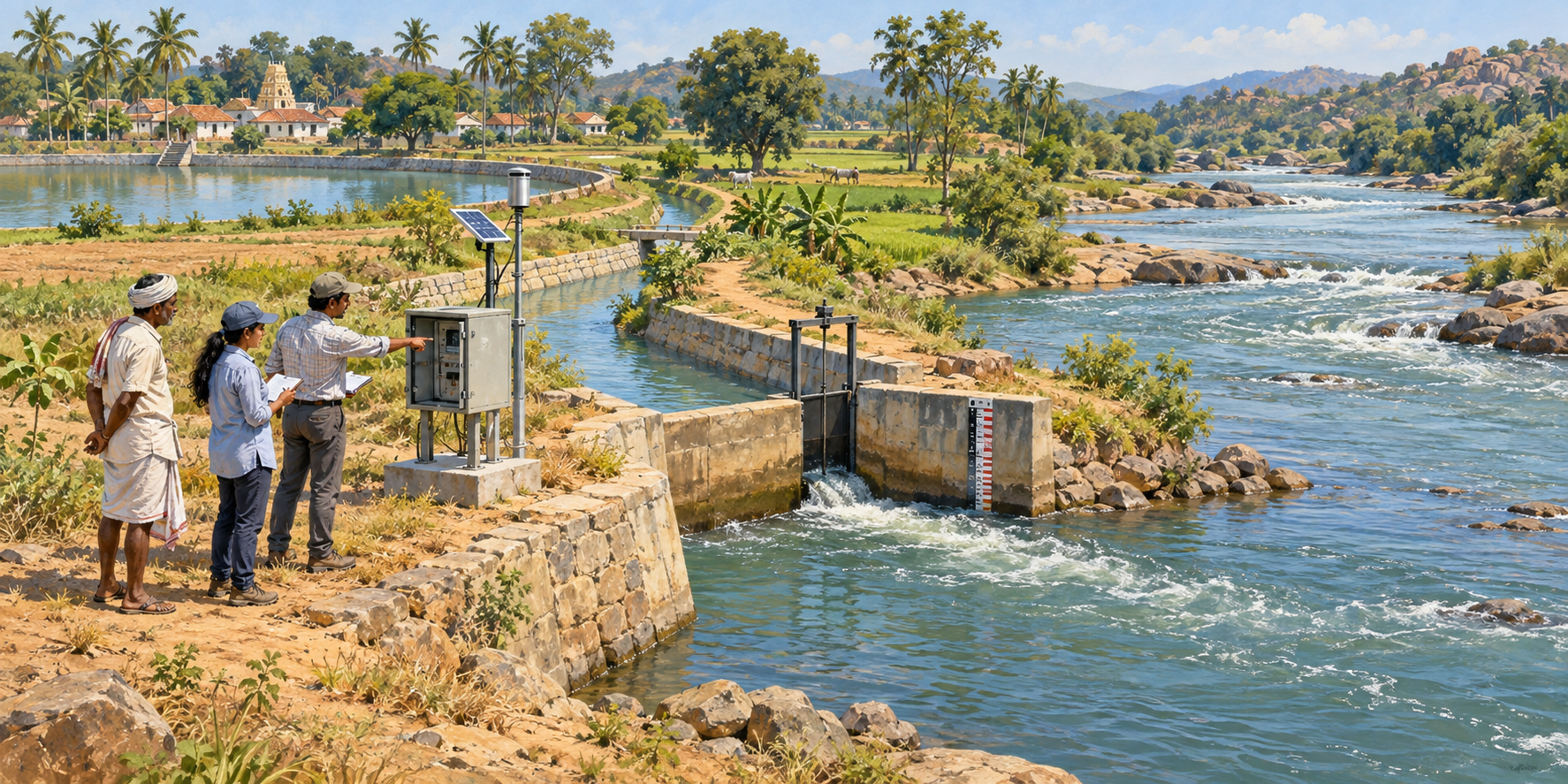 Engineers and a farmer examine a flow-gauging station where a small canal returns to a river.