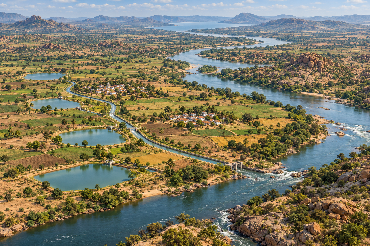 Conceptual branch canal links village tanks and fields before rejoining a larger river in a fictional Karnataka landscape.