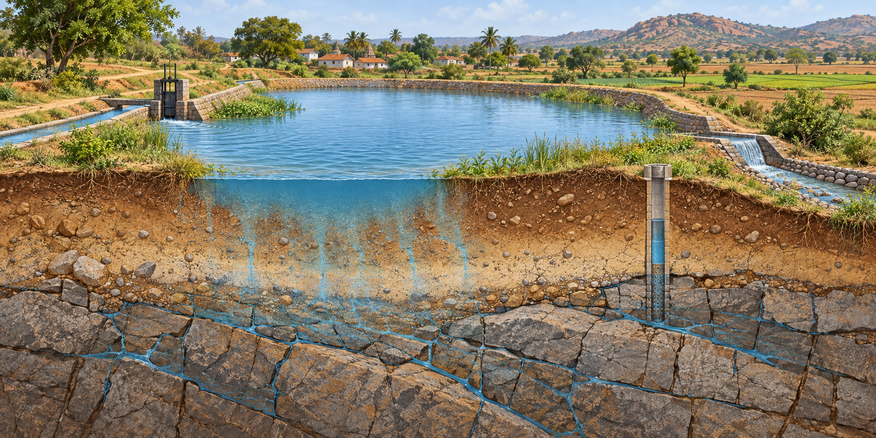 Conceptual cutaway of a village tank, soil and fractured rock showing possible infiltration and an observation well.