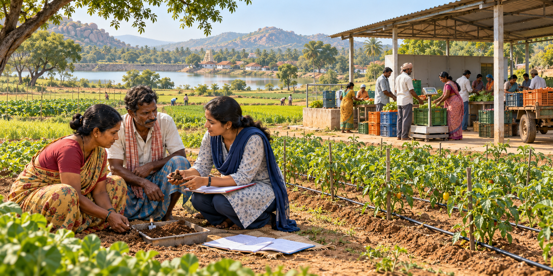 Farmers and an extension educator discuss soil and crop records near demonstration plots and a shared produce-grading shed.