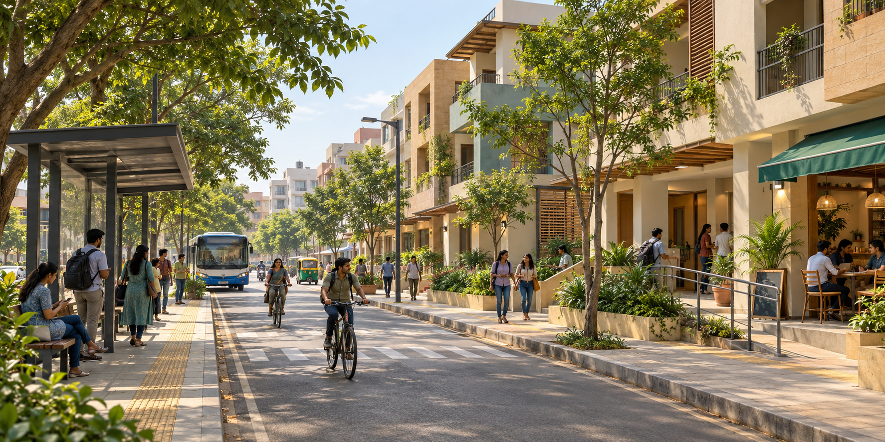 Small employee housing street with shaded walking routes and public transport on existing urban land.