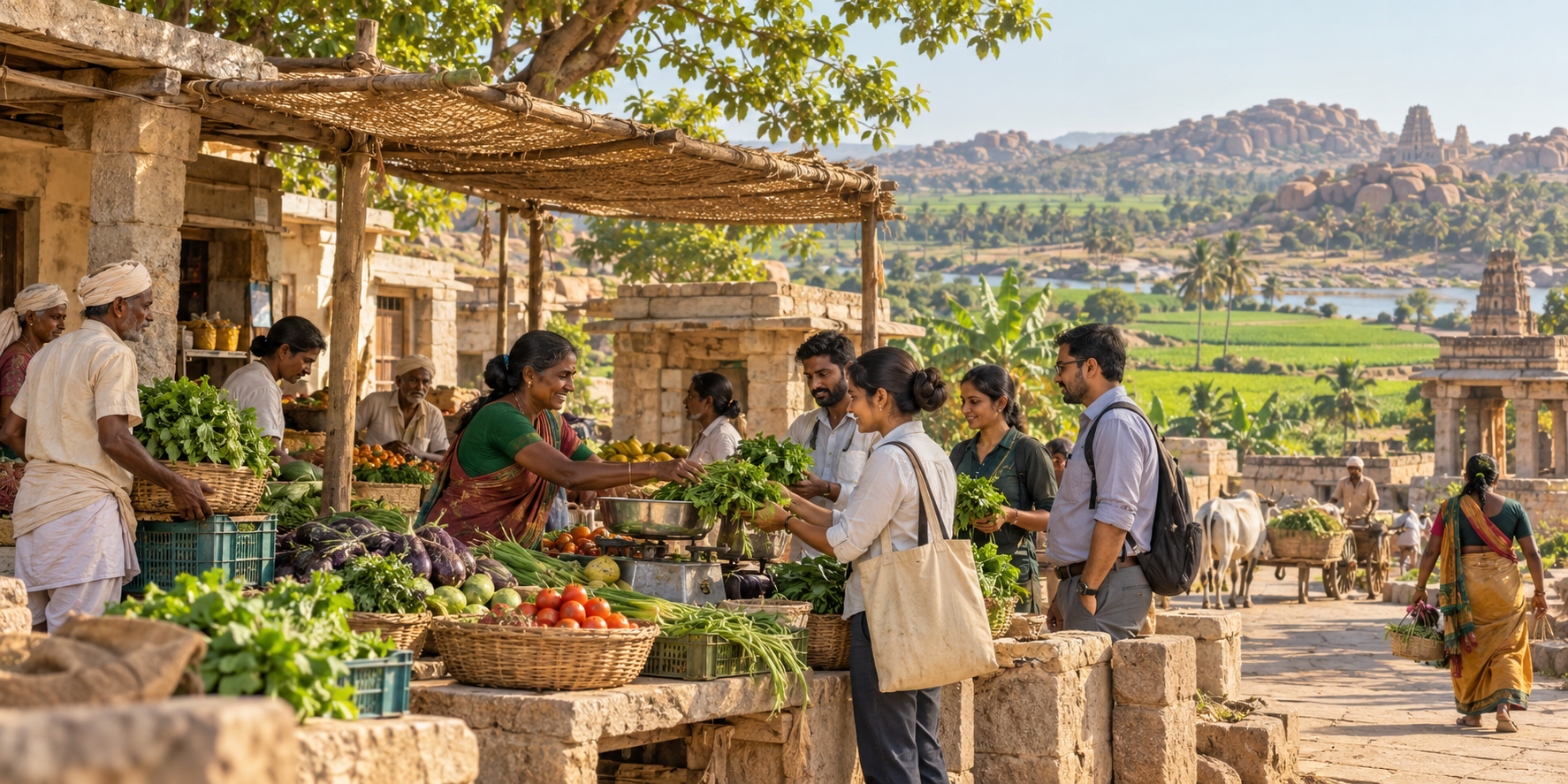 Farmers sell produce through a modest village marketplace while surrounding fields remain cultivated.