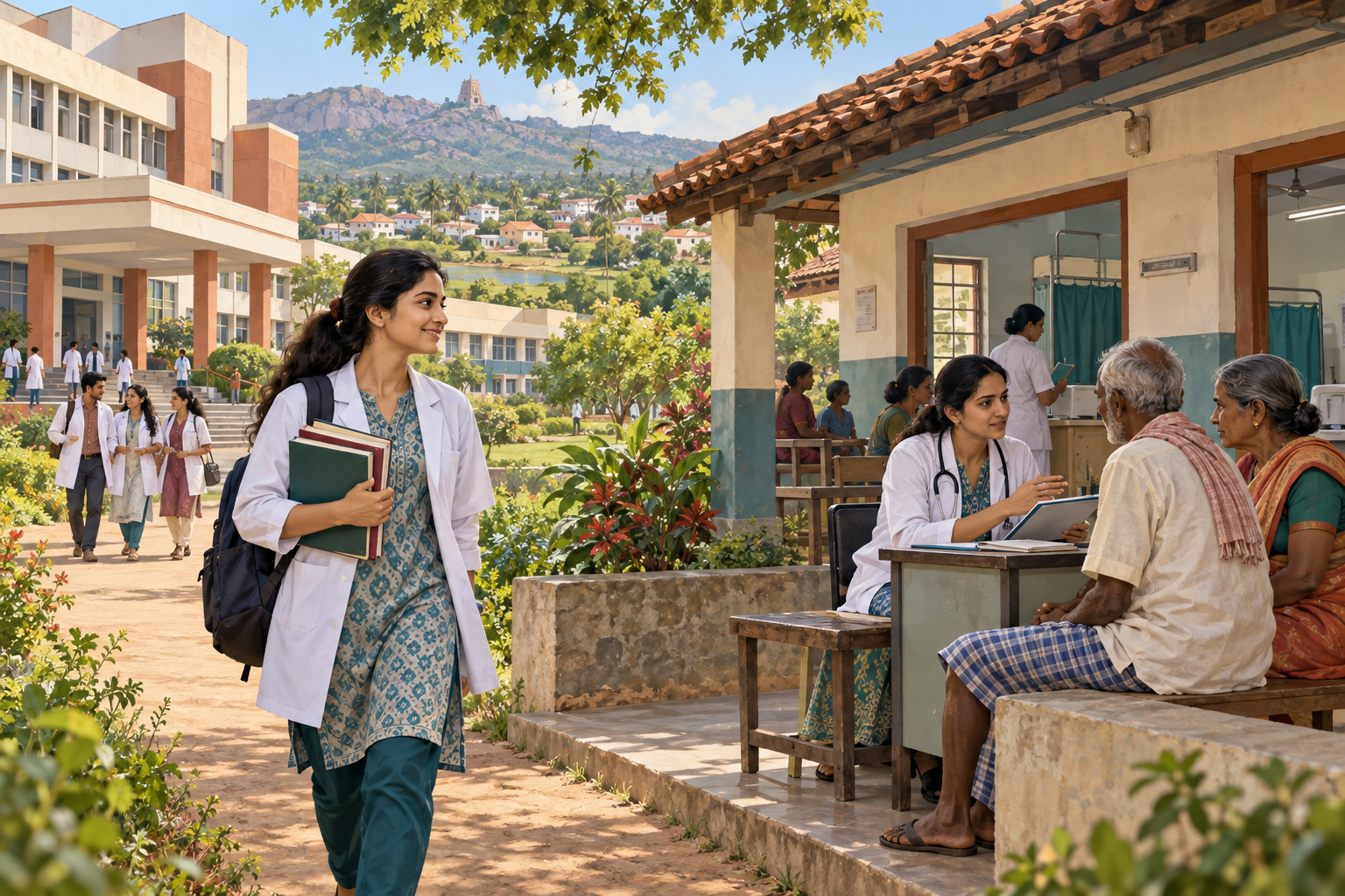 Conceptual medical student near a college and a doctor communicating with rural patients.
