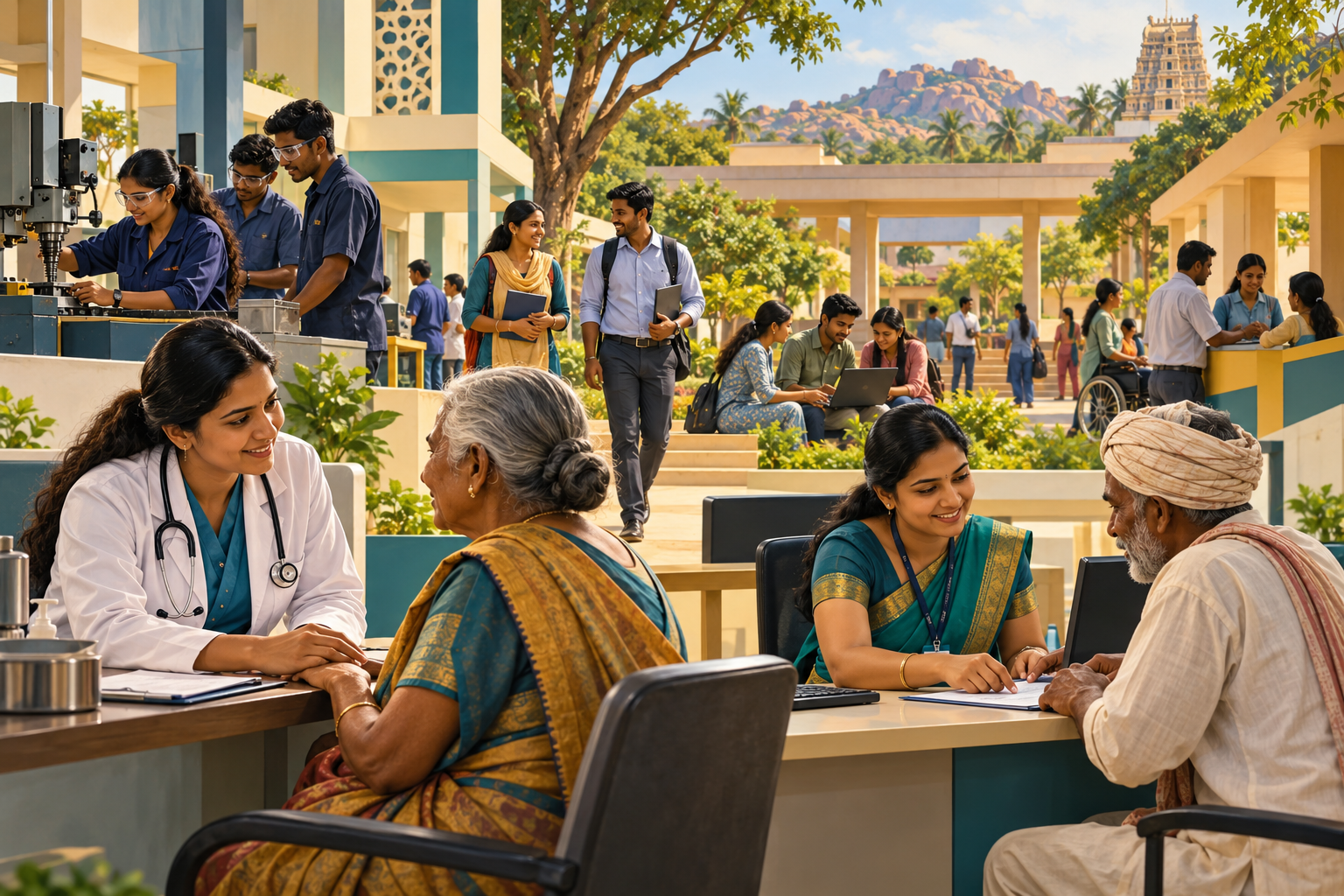 Fictional scene combining skills training, patient communication and accessible banking in Karnataka.
