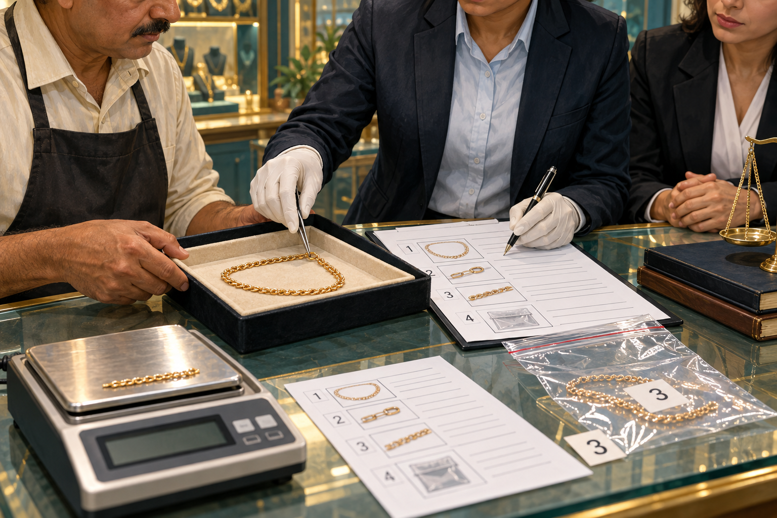 Conceptual jewellery inventory being documented in the presence of a shopkeeper and adviser.