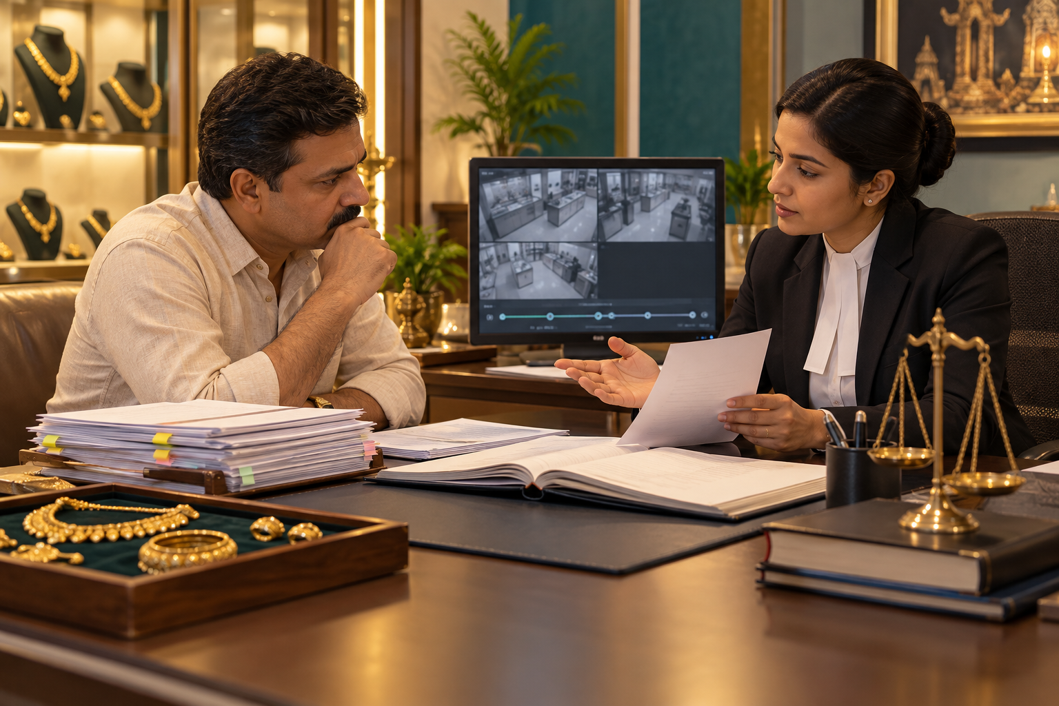 Fictional jeweller consulting a lawyer over business records with a CCTV monitor nearby.