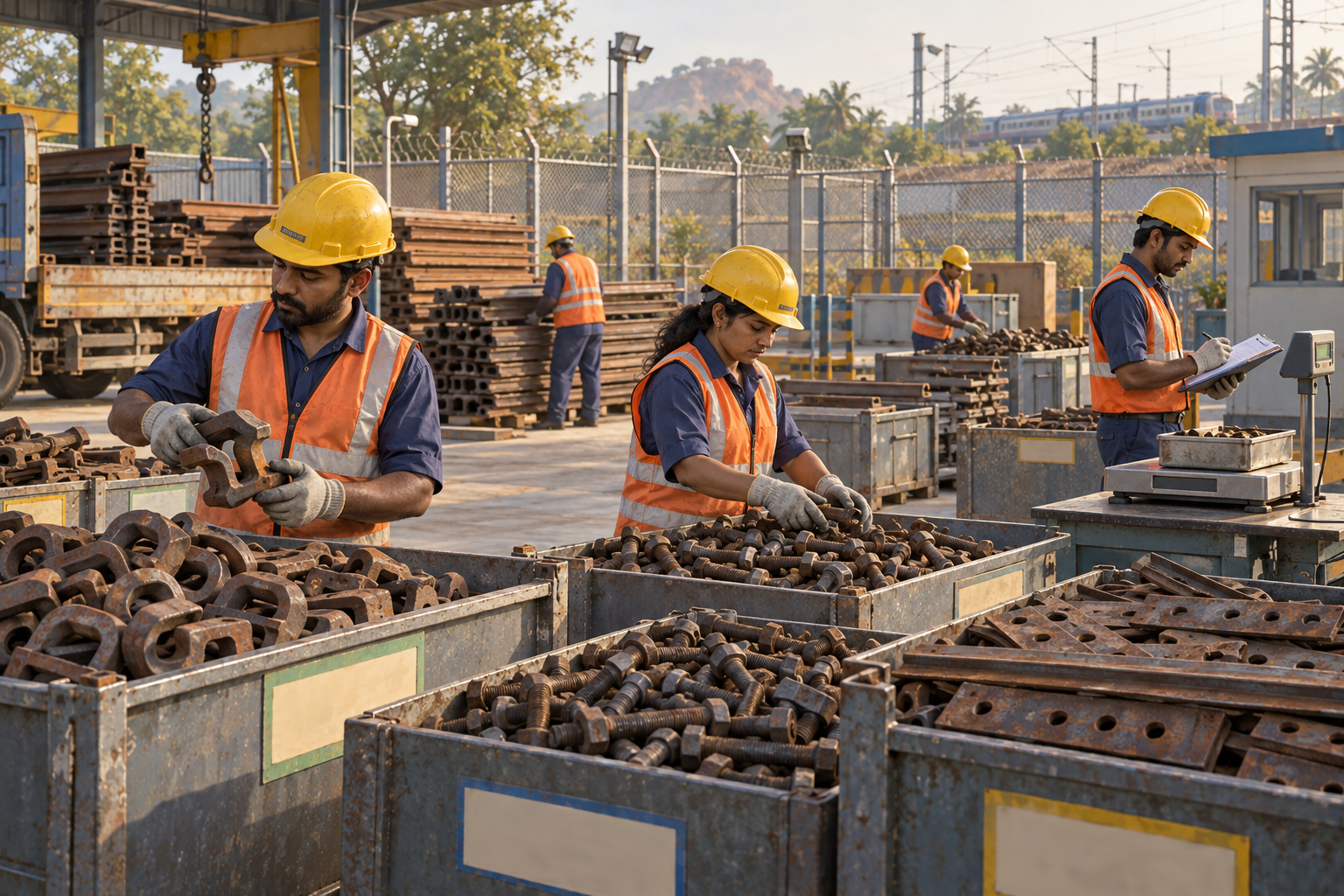 Authorised workers inventory decommissioned railway metal inside a fictional secure depot.