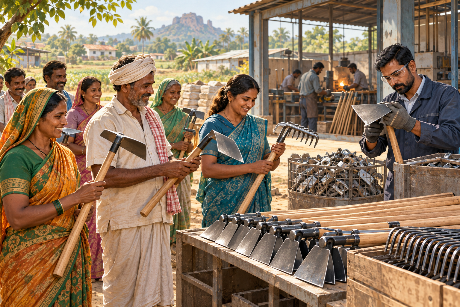 Farmers receive tested hand tools at a fictional cooperative distribution programme.