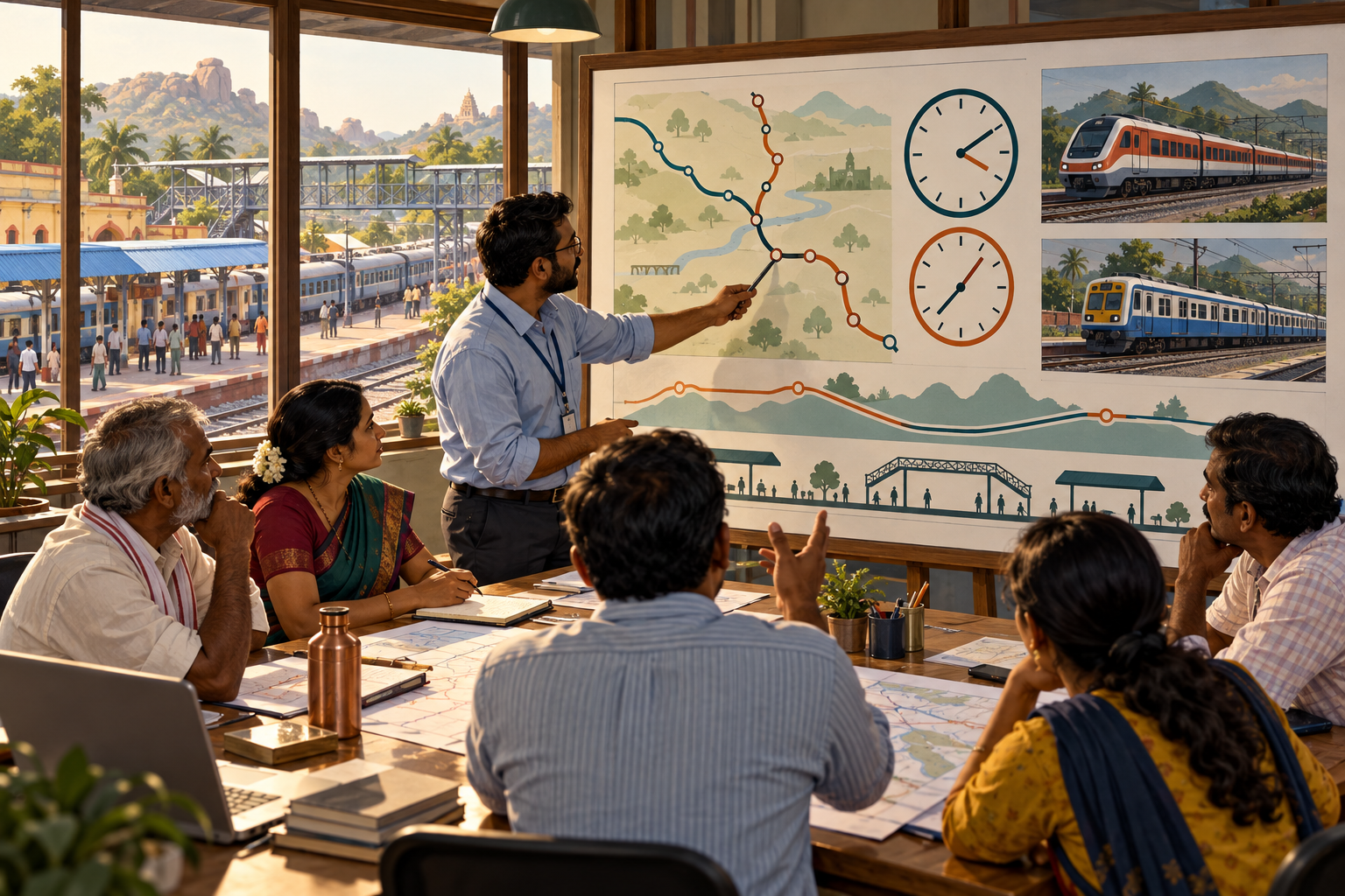 A planner and commuter representatives discuss a conceptual local-train timetable.