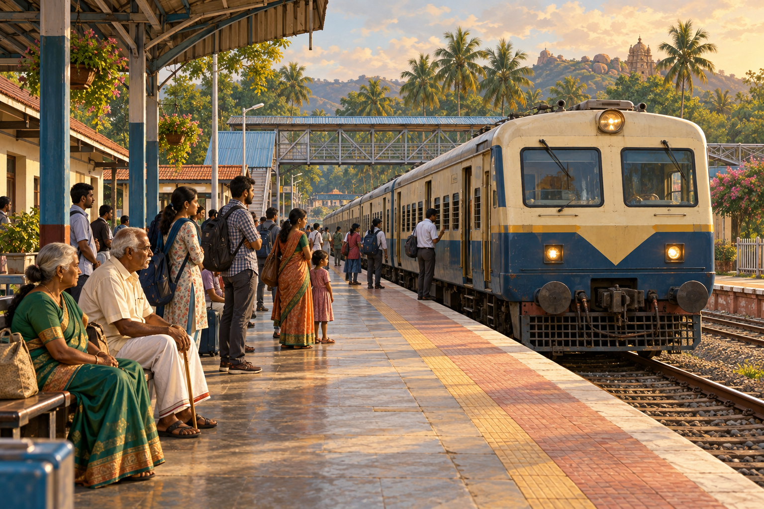 Travellers wait safely at a fictional small Karnataka station beside a MEMU train.
