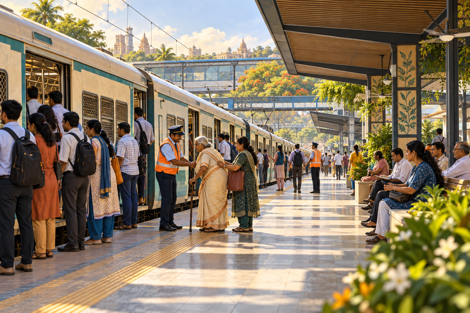 A conceptual station with added affordable train capacity and organised boarding.