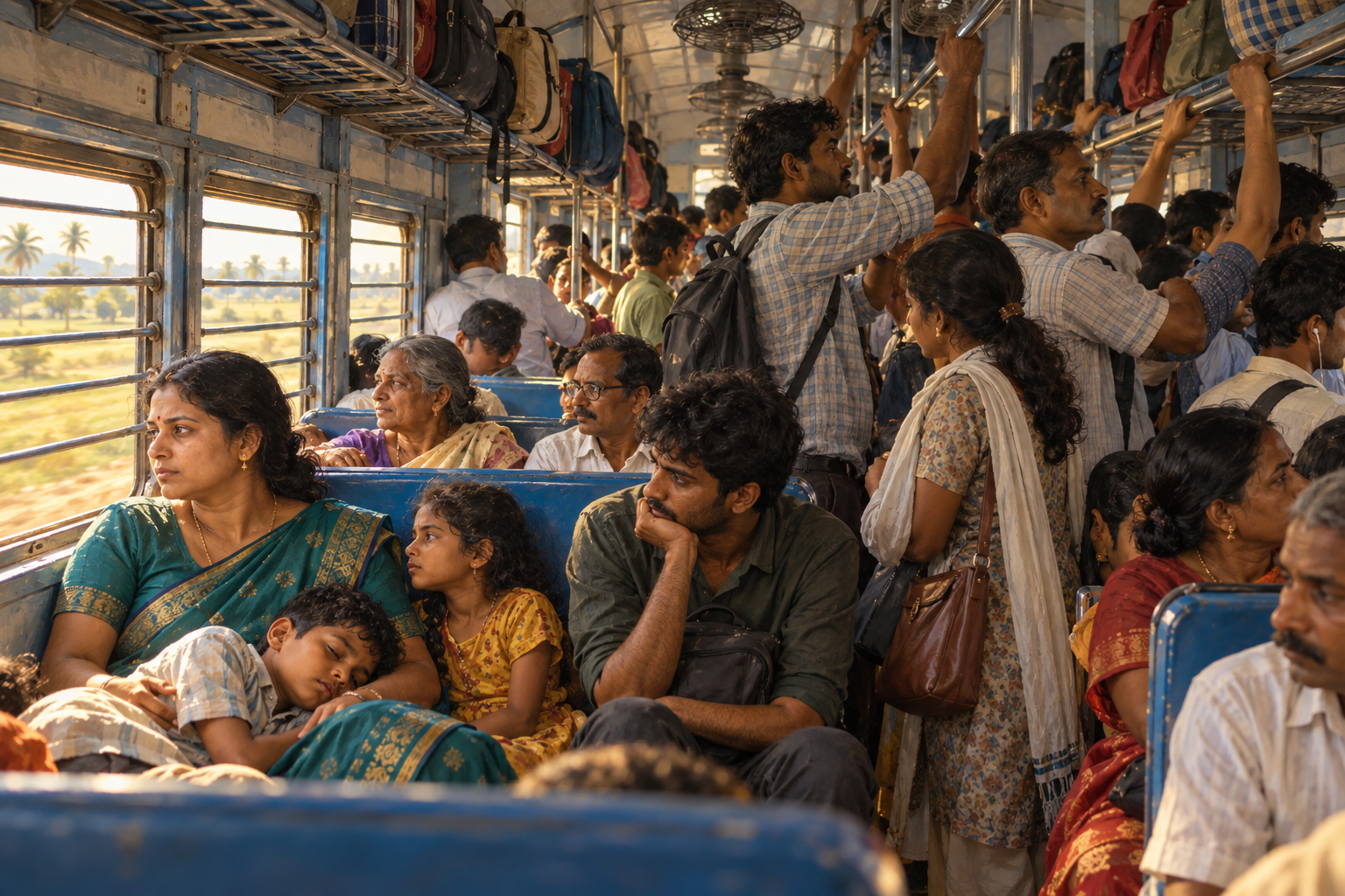 Fictional general-coach interior with seated families and standing travellers in a crowded aisle.