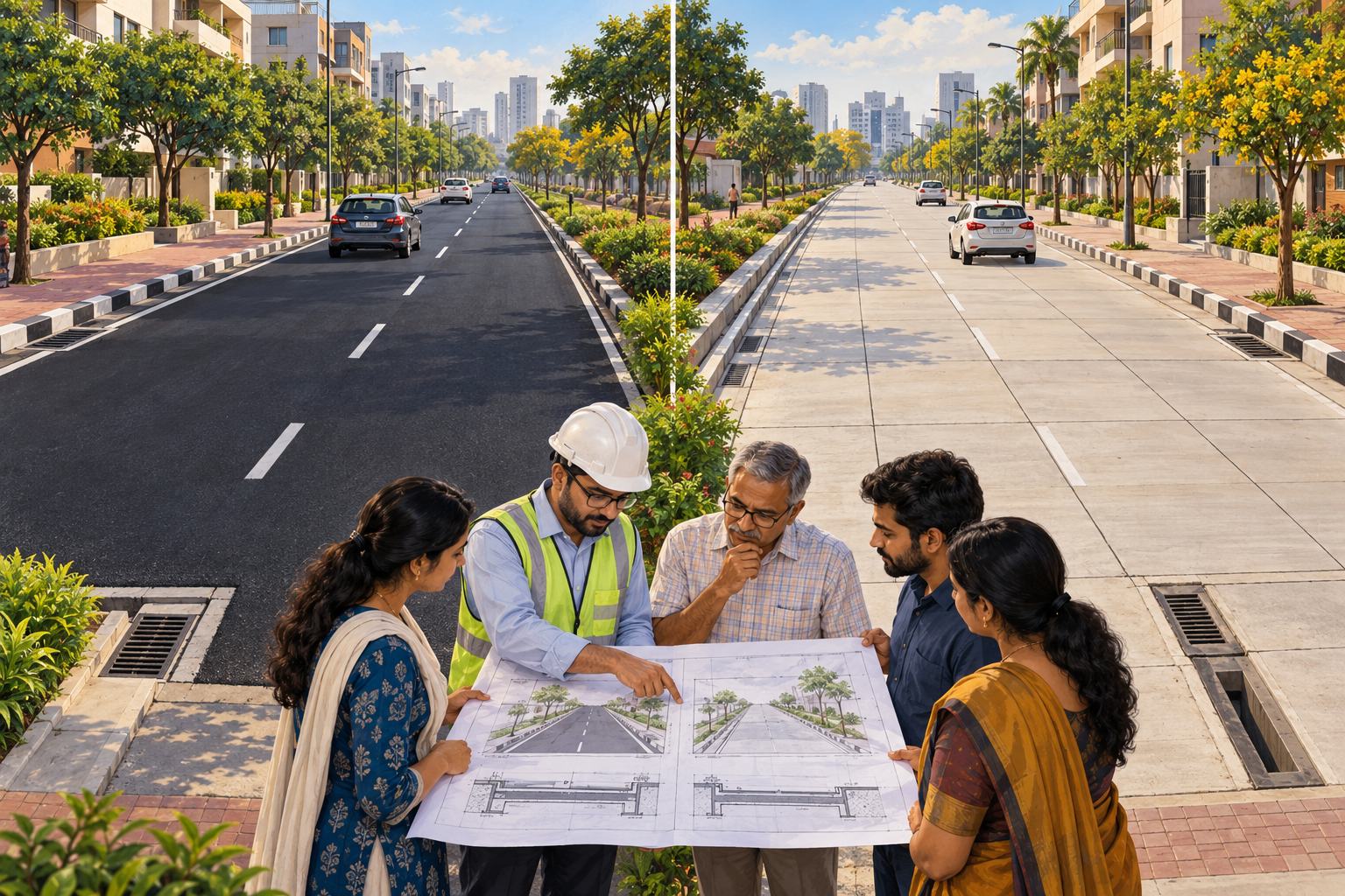 Residents and an engineer compare fictional asphalt and concrete streets with drainage.