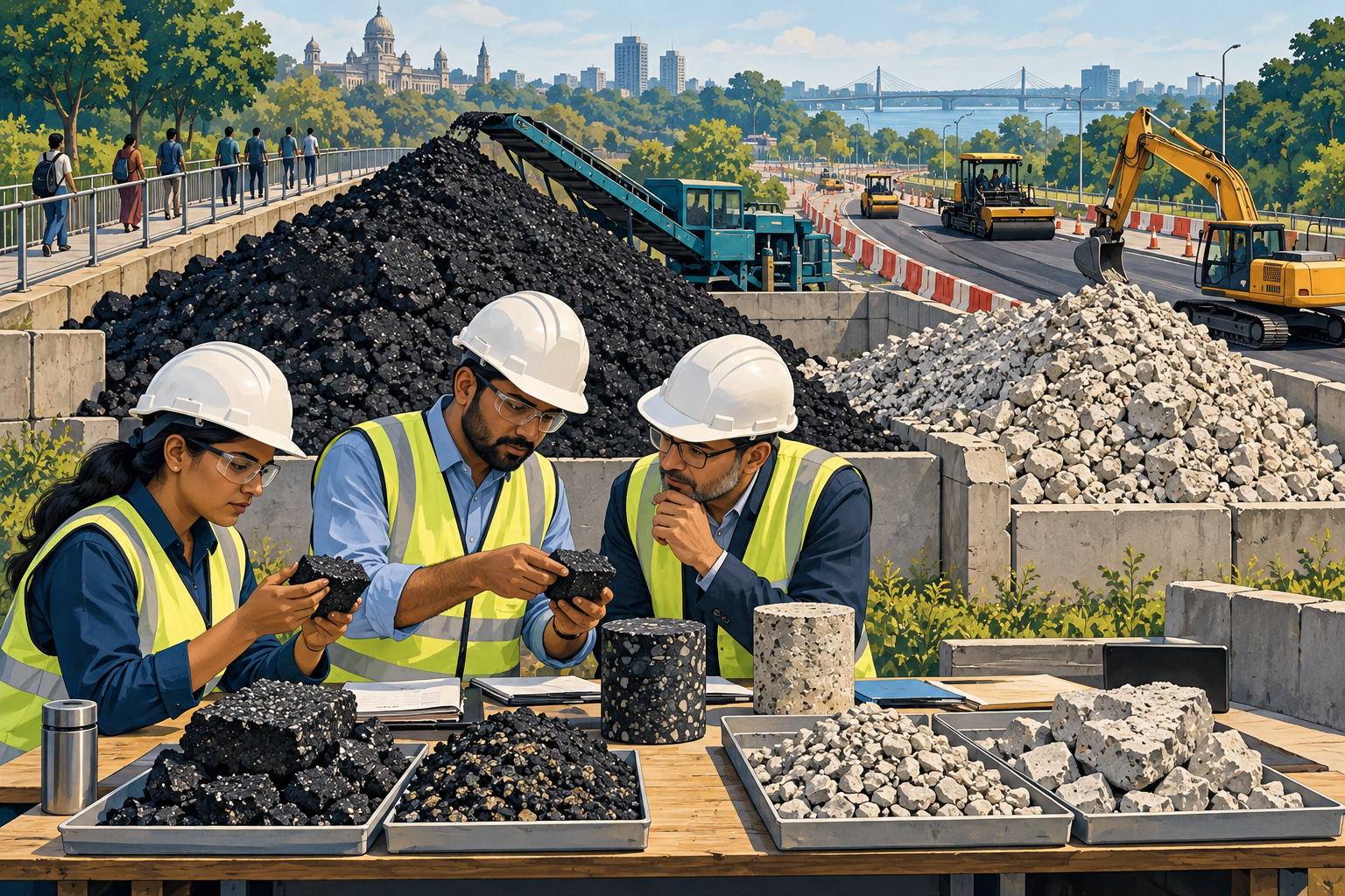 Engineers examine reclaimed asphalt and concrete in a fictional material-recovery yard.