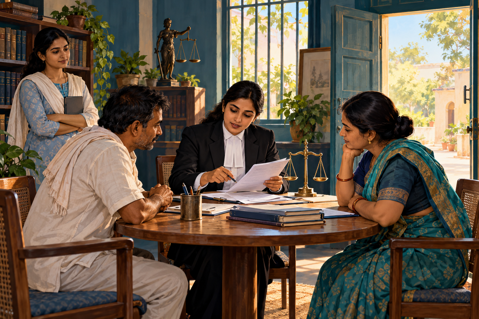 A legal adviser explains documents to two neighbours at a fictional voluntary consultation.