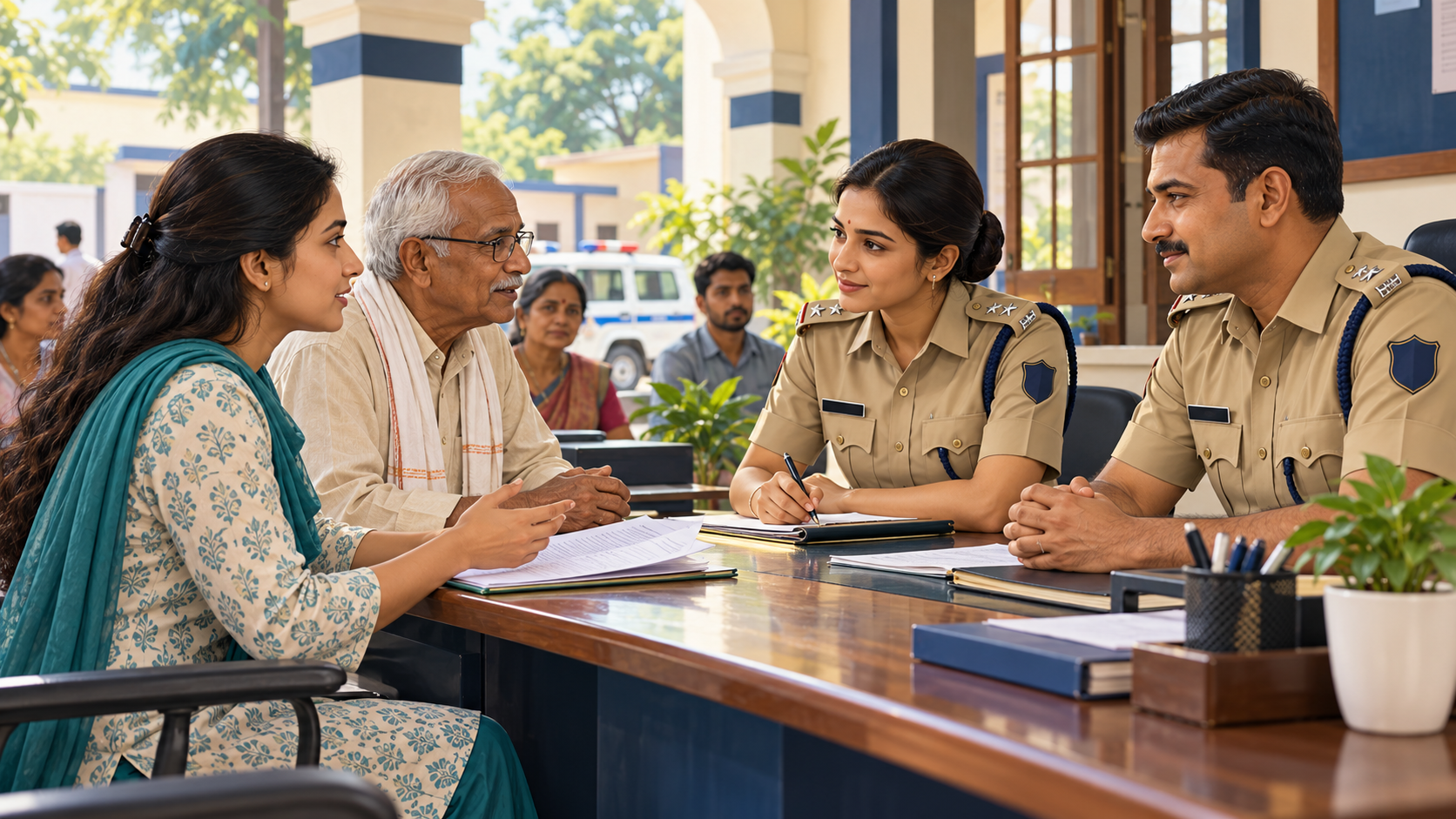 Fictional police officers respectfully listen to residents at an accessible help desk.