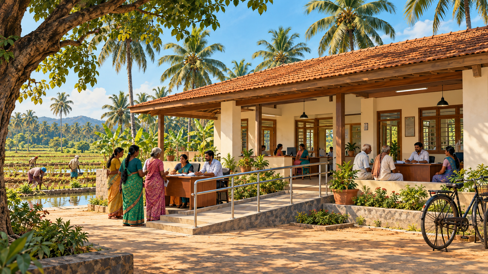 Residents approach a fictional rural Karnataka public-service centre with a shaded accessible entrance.