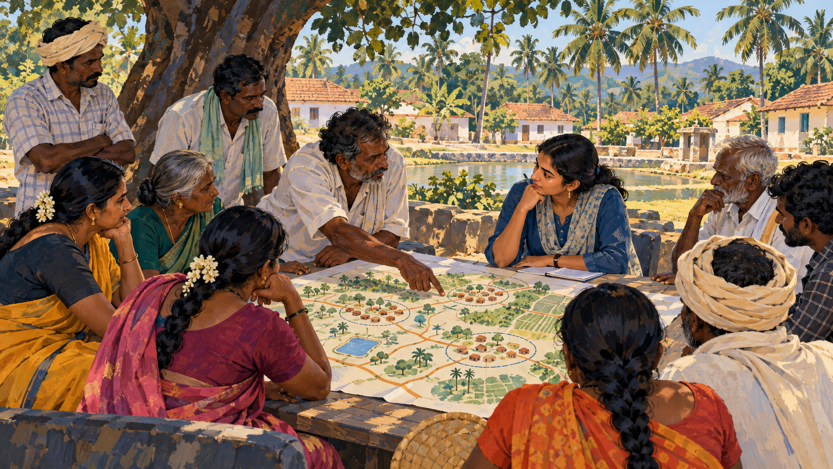 Villagers discuss an illustrative settlement sketch at a fictional community consultation.