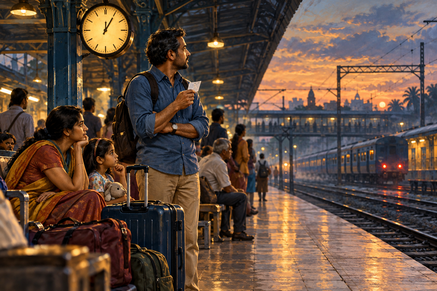 Illustrated visitor holding a platform ticket while waiting at a fictional Indian railway station.