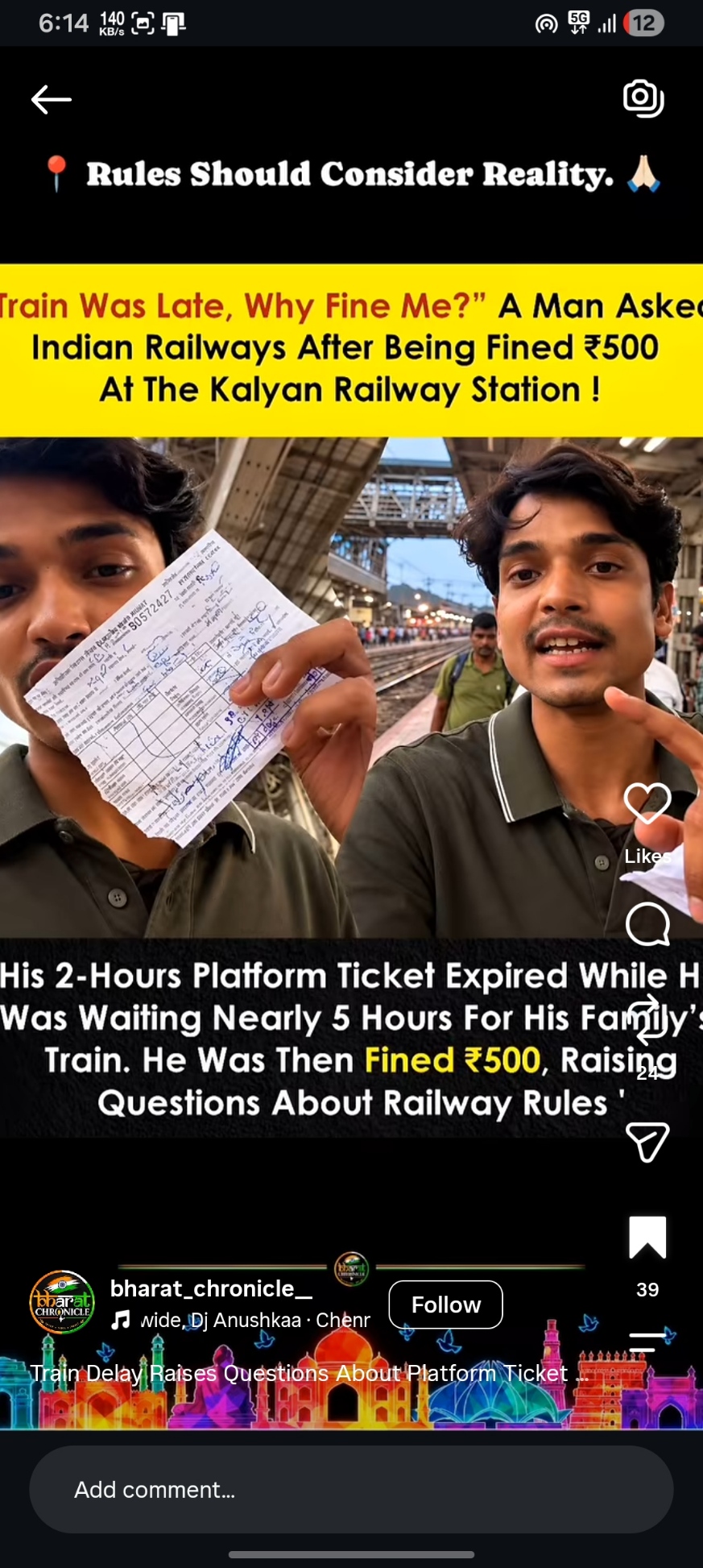 User-supplied Instagram screenshot alleging a Kalyan platform-ticket penalty after a train delay.