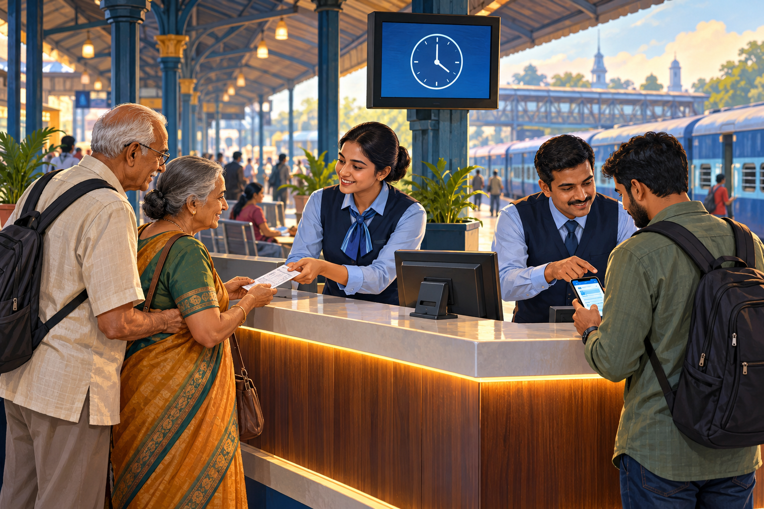 Staff assist visitors with paper tickets at an imagined railway help desk.