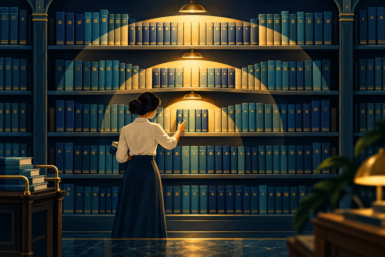 An illustrated librarian considers progressively smaller groups of books.