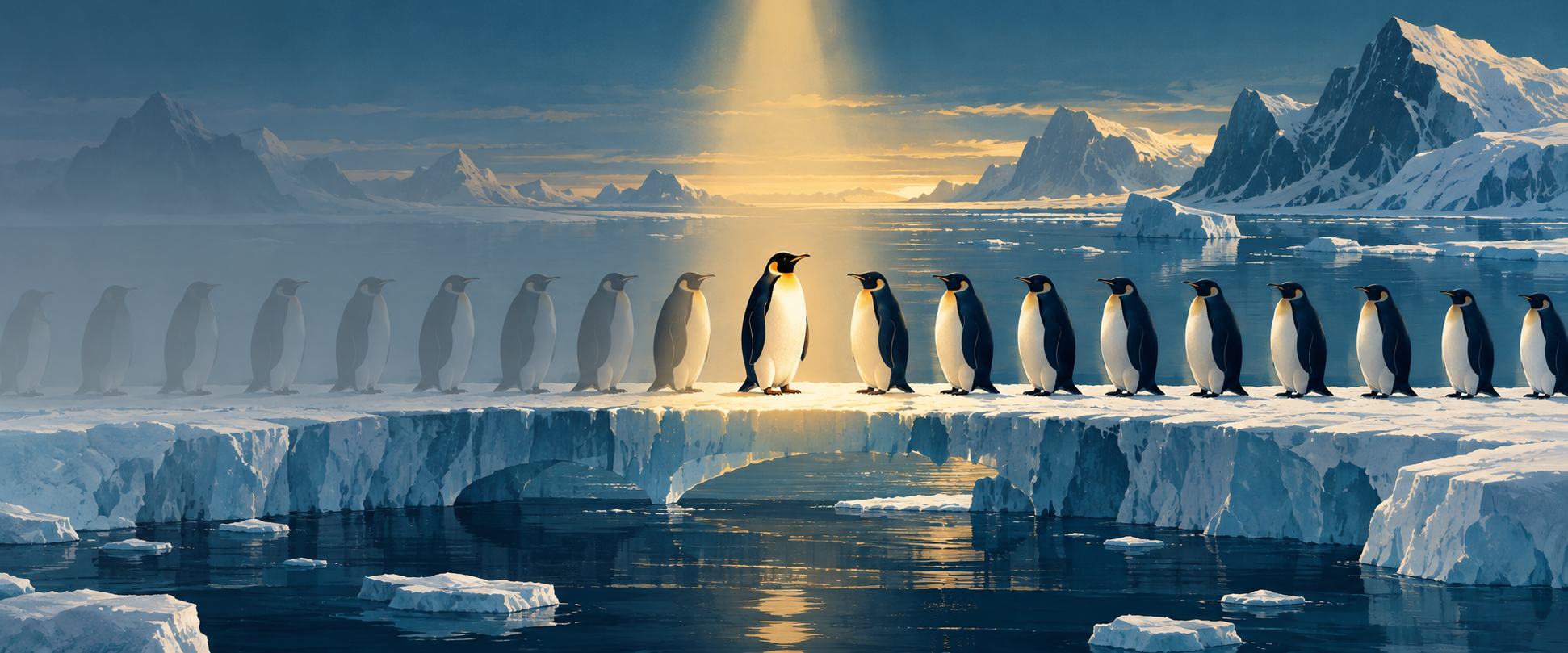 Original illustration of an ordered row of penguins with the middle highlighted.