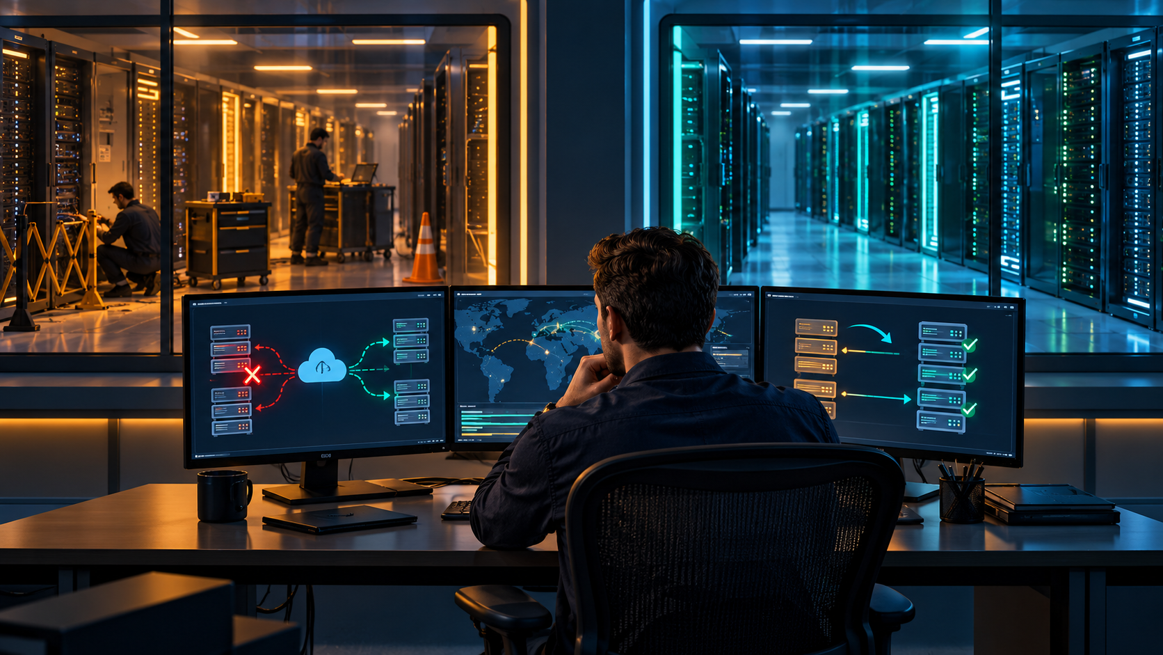 An engineer rehearses recovery while a second server room remains active.