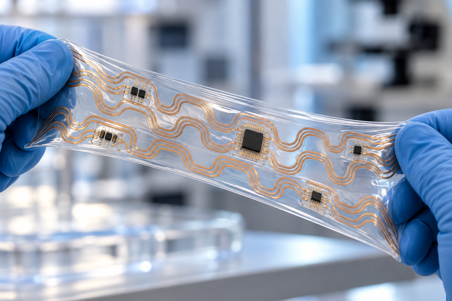 Conceptual elastic sheet with serpentine conductors and rigid component islands.