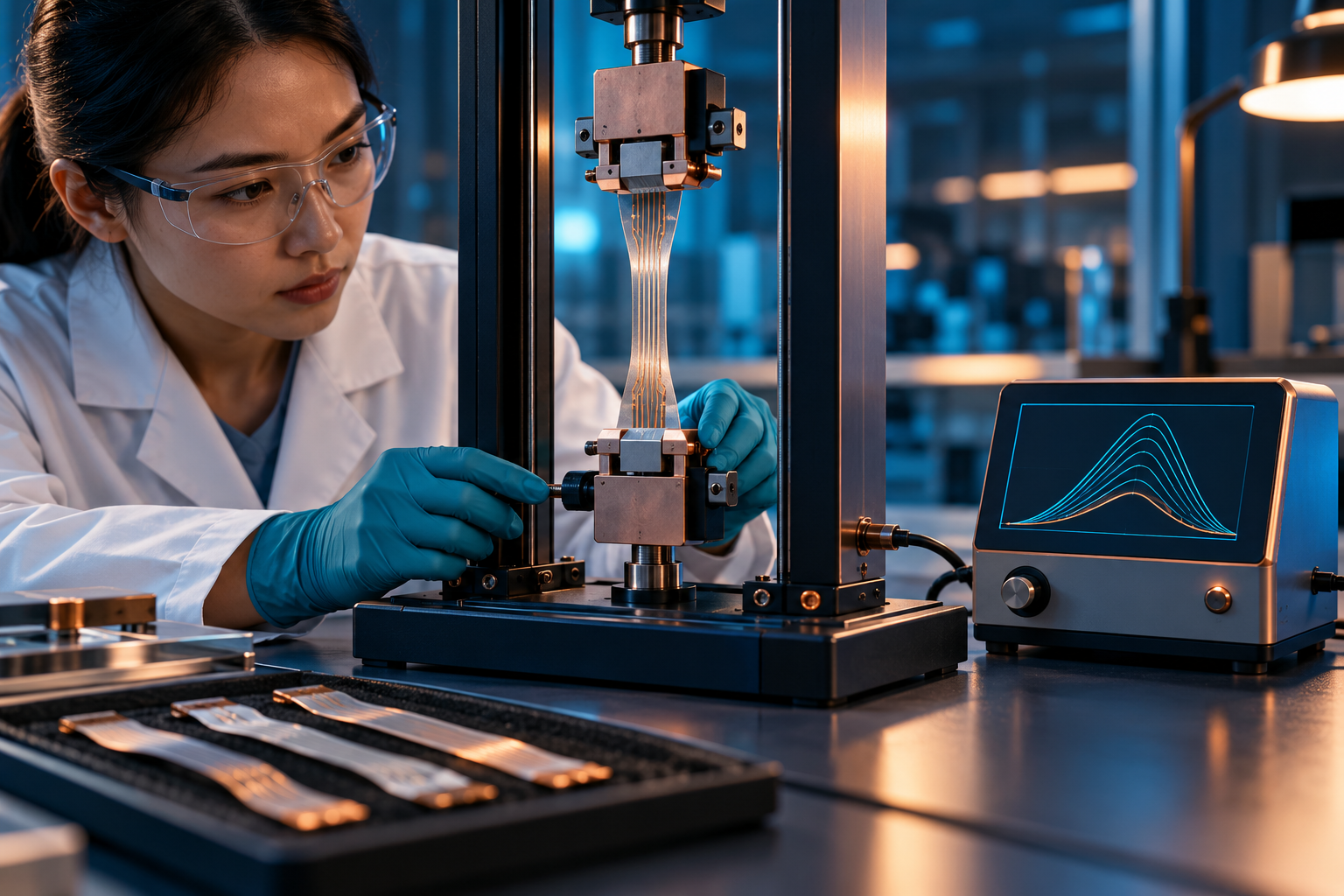 Illustrated mechanical testing of a flexible electronic strip in a laboratory.