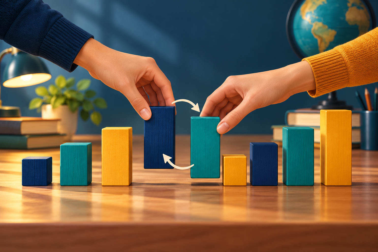 Hands exchange adjacent blocks of different heights as a sorting metaphor.