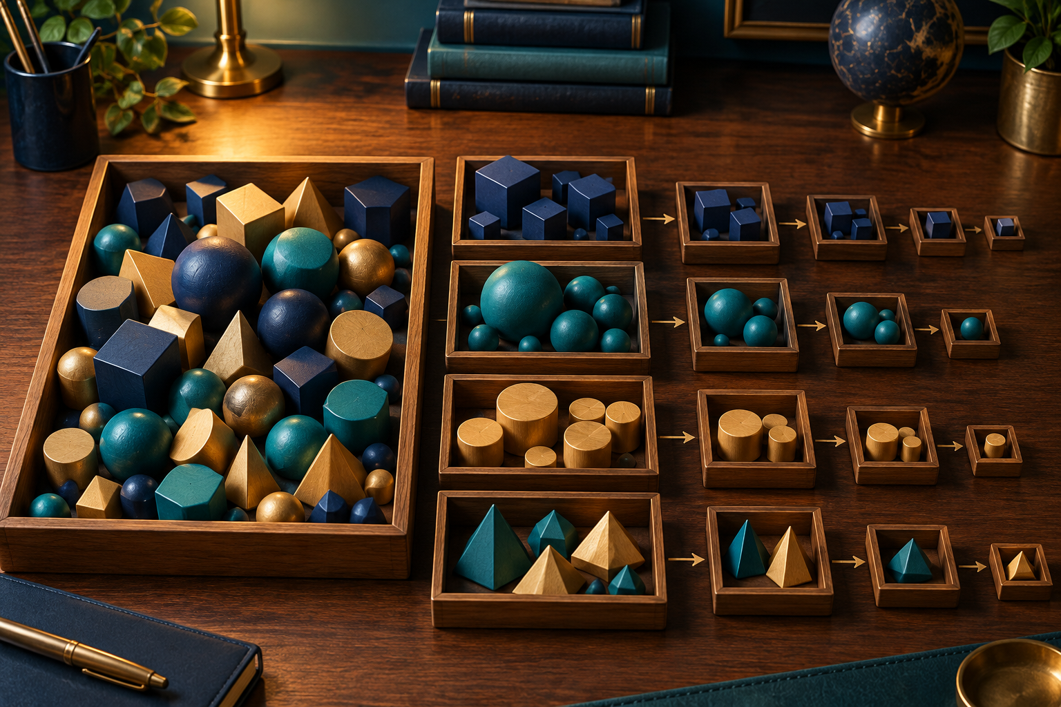 Smaller trays group objects as a conceptual illustration of recursive partitioning.