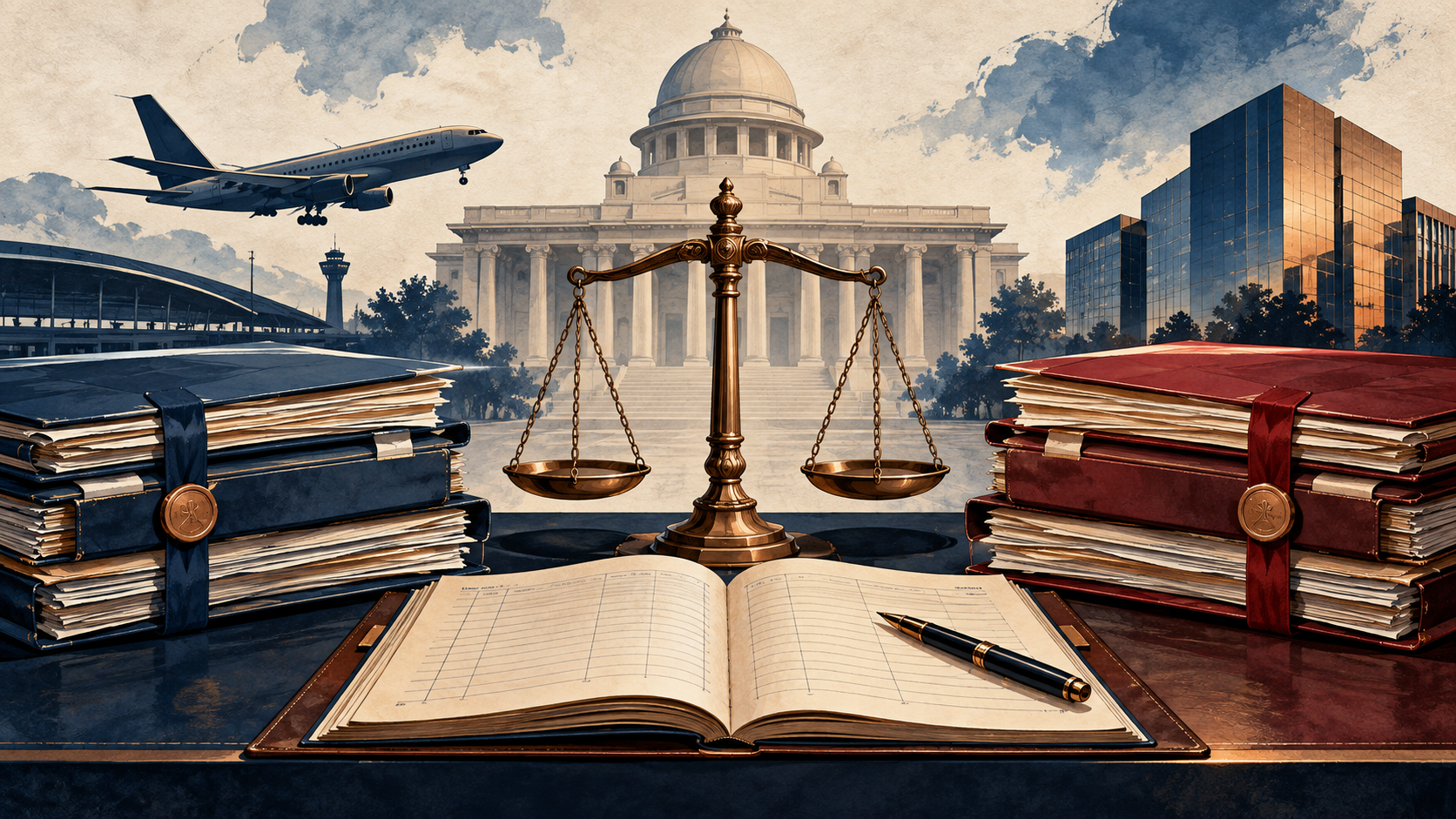 Conceptual illustration of a courthouse, airline and corporate debt files beside a balance scale.